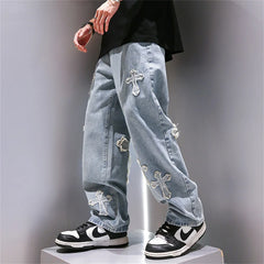 Threebooy High Street Jeans Men Cross Graphic Baggy Denim Pants Unisex Young Streetwear Blue Loose Punk Casual Fashion Y2k Trousers Summer