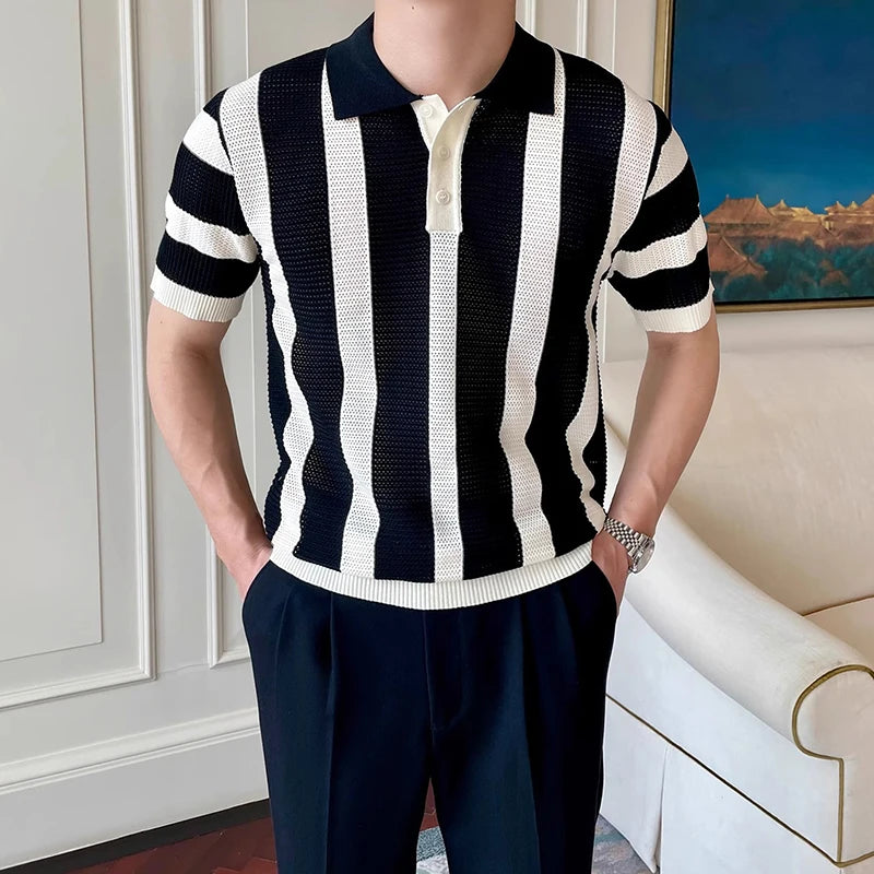 Threebooy  Men's Clothing Urban Fashion Striped Knit Polo Shirt Casual Business Slim Short Sleeve T-shirt Chic Hollow Out Breathable Tops