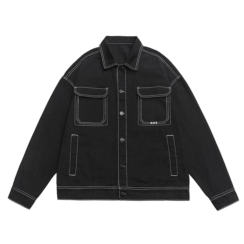 Threebooy  Men's Fashion Baggy Denim Jacket Streetwear Large Pocket Contrast Design Oversized Black White Washed Denim Coats Autumn 4XL 5XL