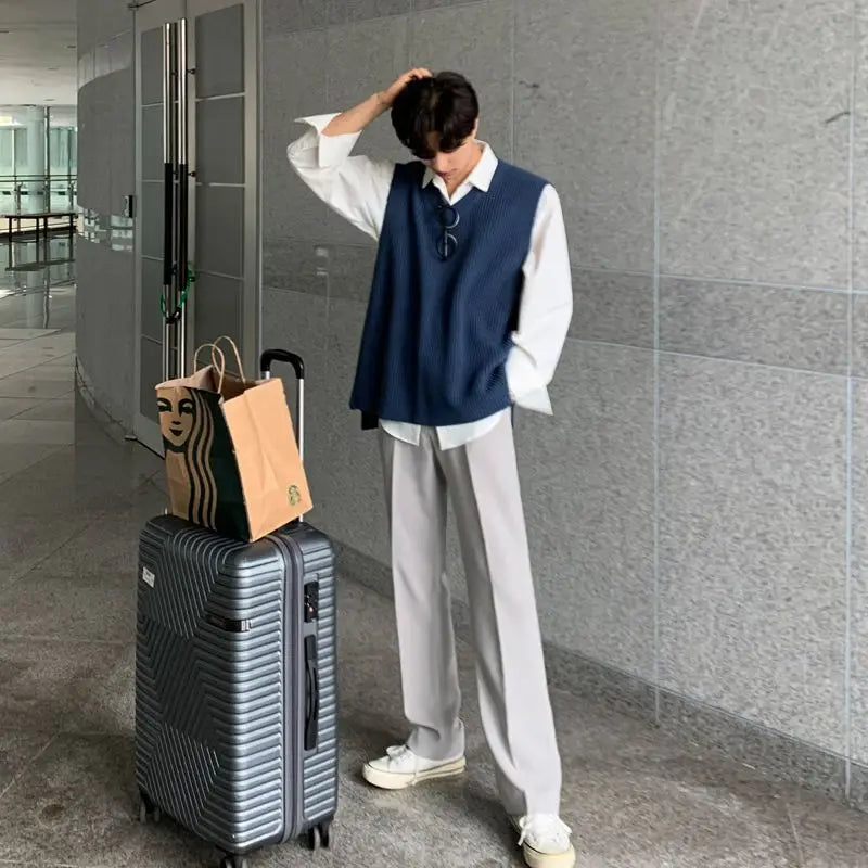 Threebooy V Neck Sweater Man Blue Waistcoat Jumpers Loose Knit Vests for Men High Quality Elegant Vintage Y2k Smooth Casual Korean Style