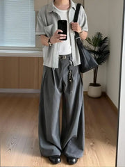Threebooy  Spring Summer Pleated Wide Curved Trousers Men A-line Tailored Casual Suit Pants Streetwear Work wear Cleanfit Business