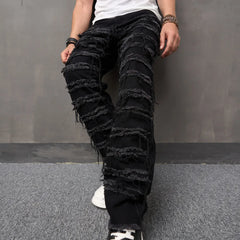 Threebooy Men High Street Stylish Ripped Patch Jeans Pants Male Loose Straight  Solid Casual Denim Trousers