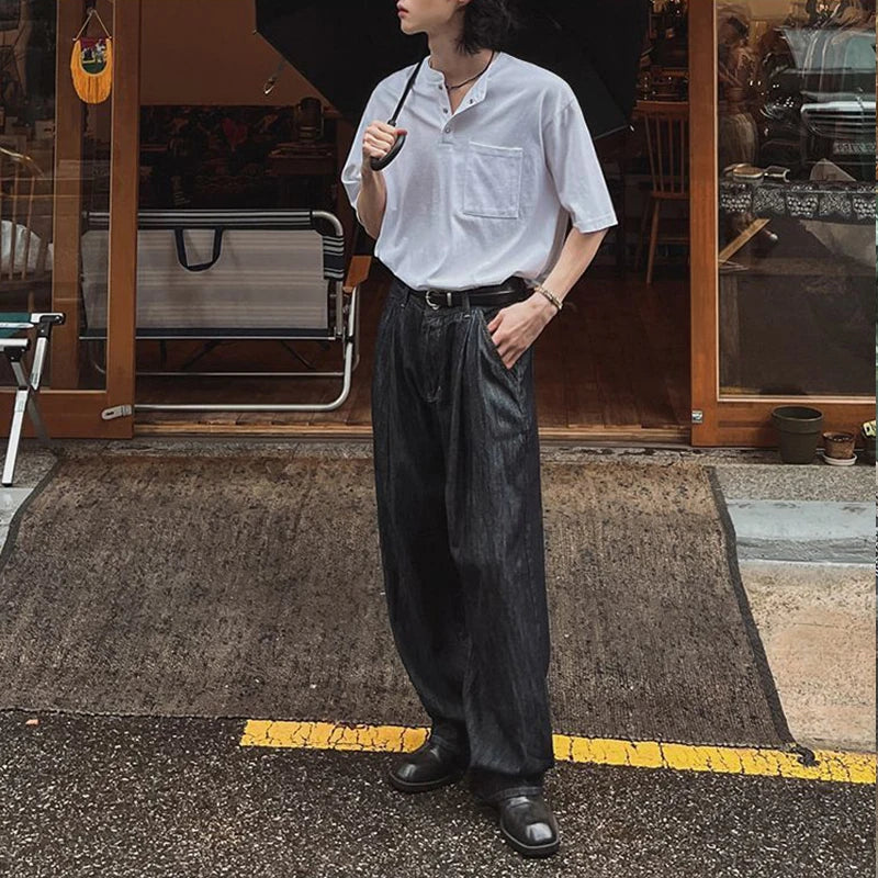 Threebooy  New Fashion Korean Style Men T-shirt Light Luxury Henry Collar Tops Casual Loose High Quality Solid Color Half Sleeve Tees M-2XL
