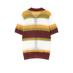 Threebooy  Men Hollow Out Knit Cardigan Shirt Striped Pattern Cuban Collar Loose Fit Short Sleeve Casual Tops Summer New