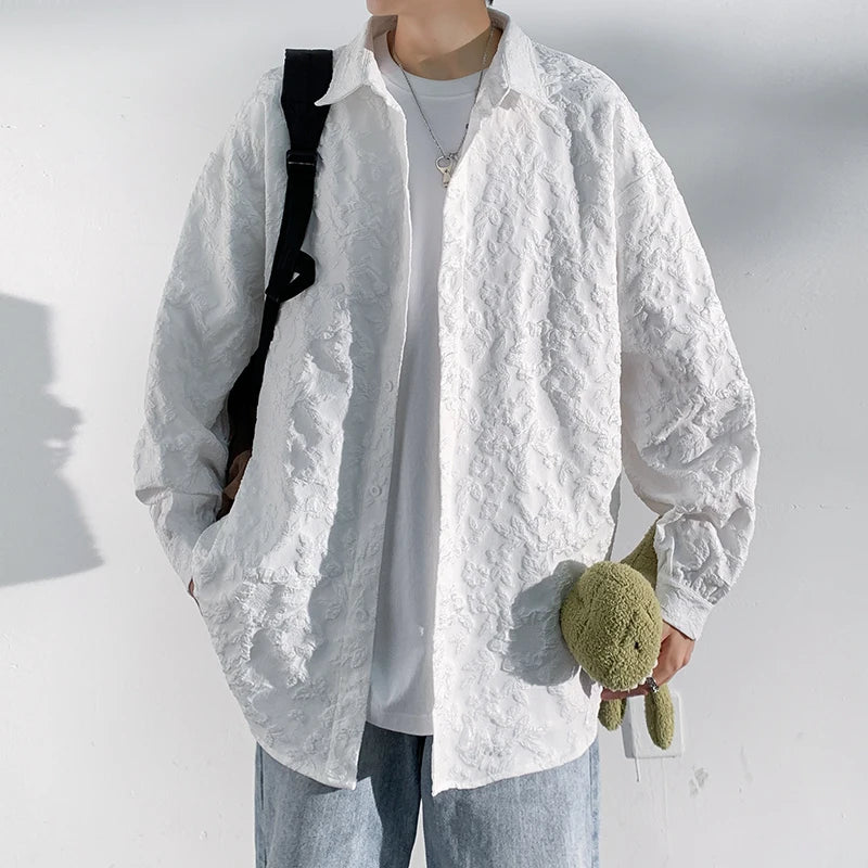 Threebooy Autumn New Special Shirt Men Black White Embossed embossing Design Shirts Men Korean Blouses Casual Loose Shirt Jacket