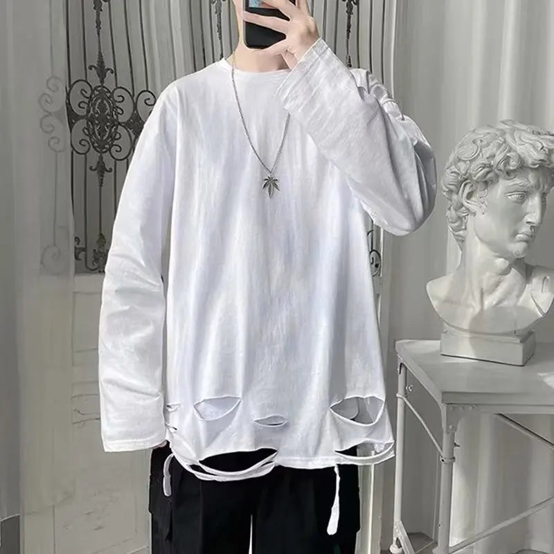 Threebooy Spring Autumn Women's Black White Holes Long Sleeved T-shirt New In Fashion Bottoming Shirt Tops Tees