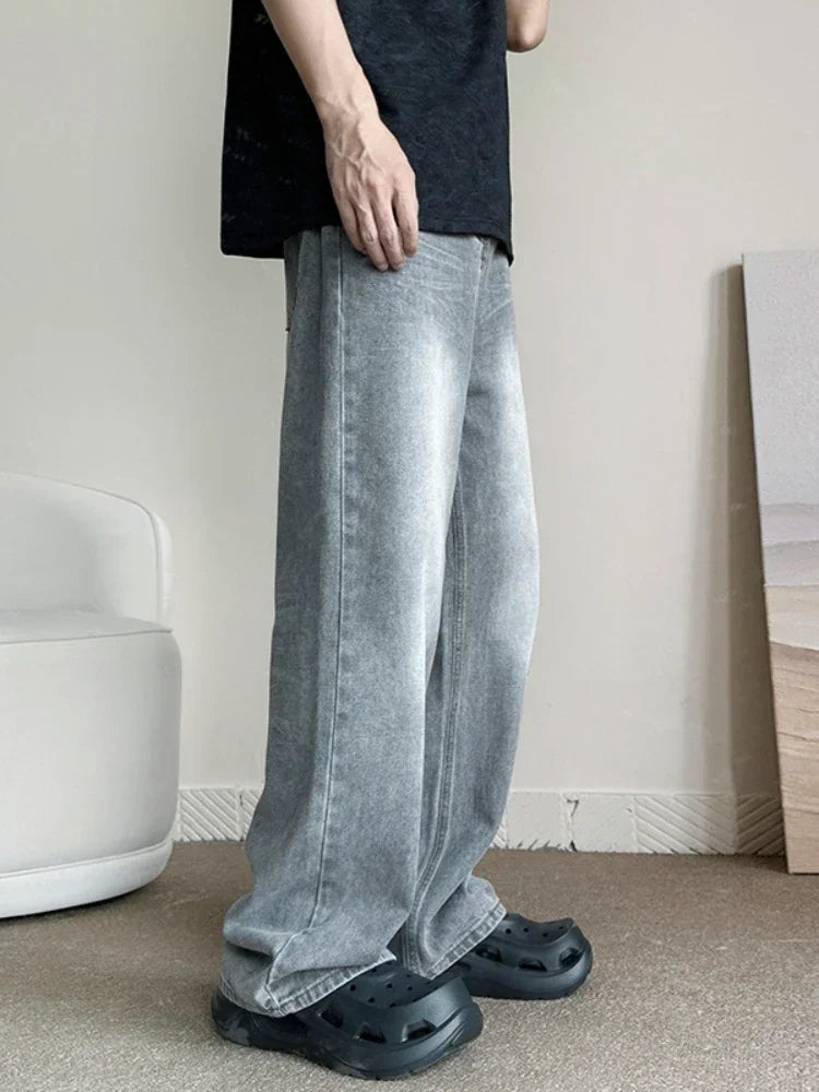 Threebooy  New Vintage Gray Baggy Jeans Men Fashion Harajuku Casual Y2k Pants Straight High Street Male Wide Denim Trousers
