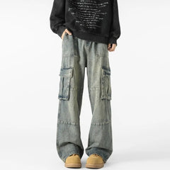 Threebooy Mens Loose Fit Straight Wide Leg Cargo Jeans outdoor Multi Pocket Patchwork Denim Pants Trending Streetwear Utility Style