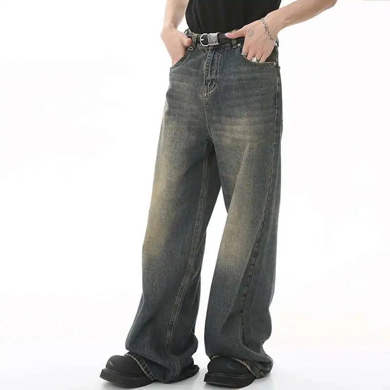 Threebooy  Men's Vintage Jeans Fashion Washed Street Casual Wide Leg Denim Pants Summer Distressed Loose Male Versatile Trousers