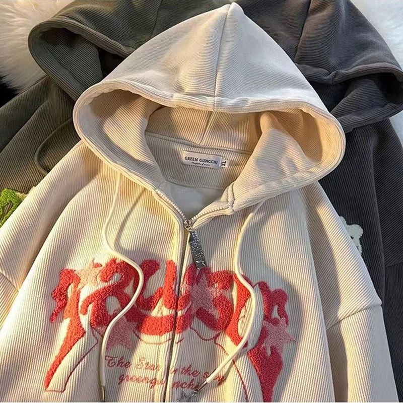 Threebooy Fashion Embroidery Zip Up Hoodies Women Autumn Long Sleeve Tops Loose Hood Shirt Harajuku Y2K Clothes Female Sweatshirt Jacket