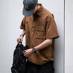 Threebooy  Japanese retro workwear pullover short-sleeved shirt men's summer fashion brand outdoor trend loose casual shirt jacket trend