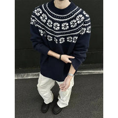 Threebooy Vintage Navy Blue Sweater Jacquard O-Neck Knit Pullover New Autumn Winter Loose Couple Knitted Sweater Tops Aesthetic Streetwear