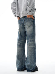 Threebooy Vintage Wash Men's Loose Jeans American Cleanfit High Street Micro Flared Trousers Autumn Fashion Casual Wide-leg Denim Pants