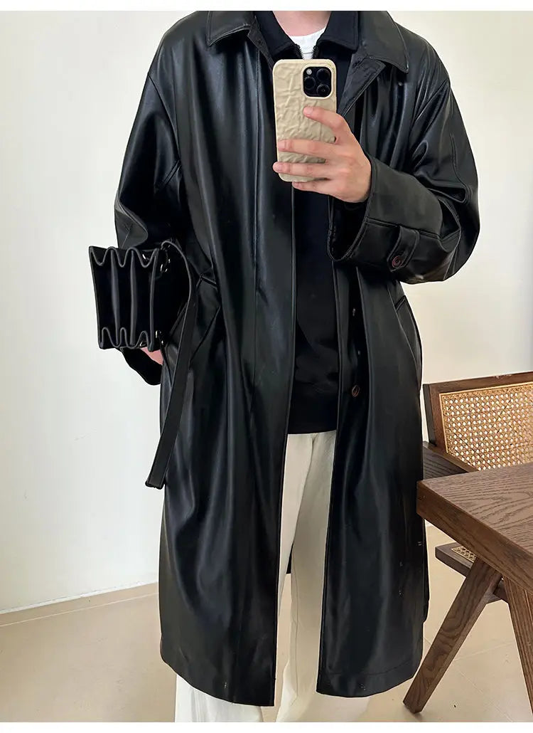 Threebooy 2025 Spring Pu Leather Jacket Men's Mid-length American Retro Long Jacket Lapel Button Coat Trendy Cityboy Windbreaker