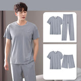 Threebooy Three-Piece Summer Thin Modal Pajamas Men's Short-Sleeved Shorts Long Pants Ice Silk Sense Of Homewear Suit