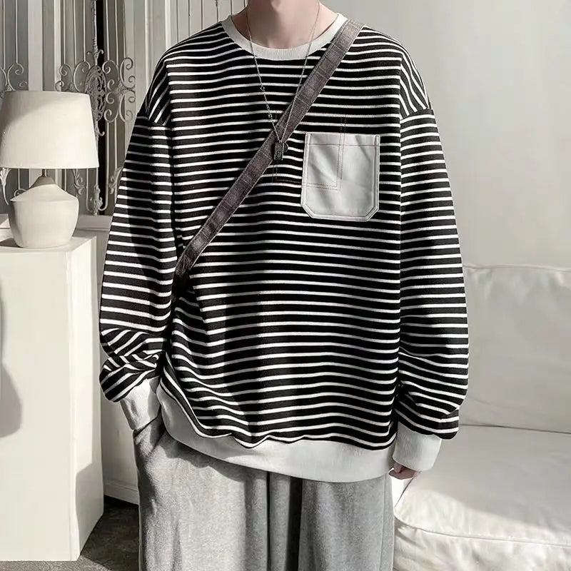 Threebooy Men Trendy Striped Patchwork Streetwear Y2K Oversize Basic T-shirt Japanese Style Round Neck Long Sleeve Cotton Tops Ropa Hombre
