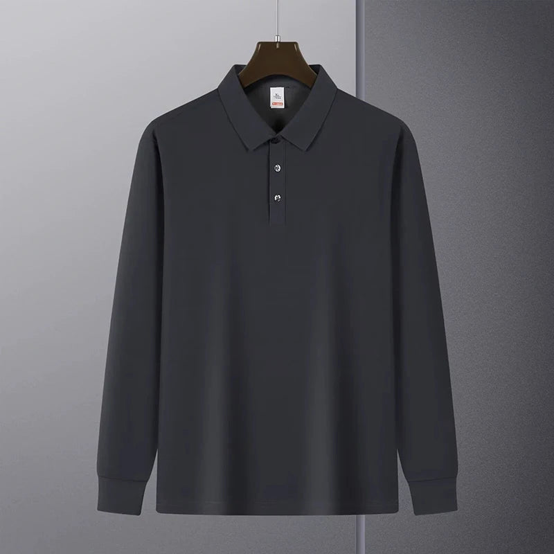 Threebooy  New American Retro Men Polo Shirt Light Luxury Solid Color Slim-fit Commuting Long Sleeve T-shirt Leisure Business Pullover Tops