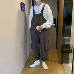 Threebooy Suspenders Jumpsuit Pants Men Summer Overalls Japanese Loose Straps Casual Pockets Unisex Oversize Streetwear Solid Man Clothing