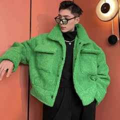 Threebooy Green Padded Winter Men's Jacket Fleece Lamb Wool Thickened Short Coat Male Y2K Top Plush Warm Korean Streetwear Hip Hop