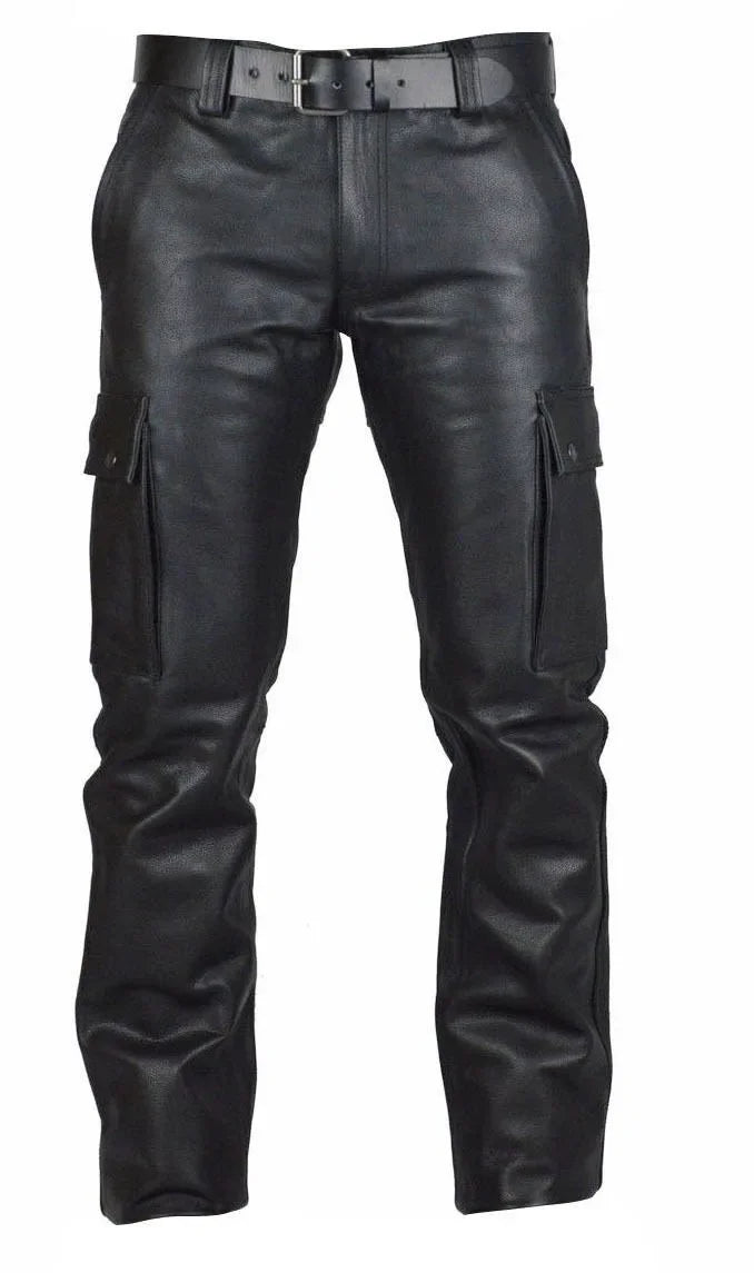 Threebooy  Spring Fashion Men's Rock Style PU Leather Pants Men's Faux Leather Slim-Fit Motorcycle Trousers