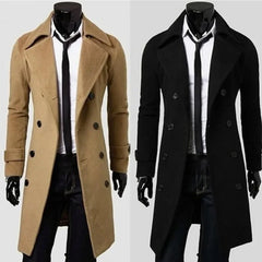 Threebooy Autumn Winter Men Long Trench Coat Double-breasted Solid Color Simple Mid-Length Windproof Thick British Fashion Slim Jacket