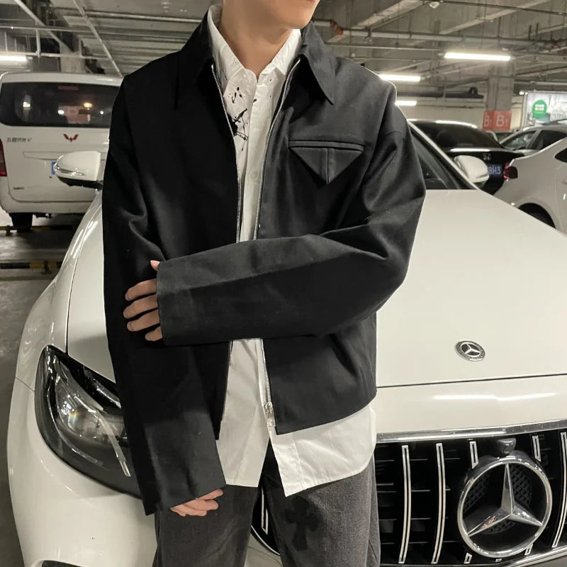Threebooy Short Lapel Jacket Men's Spring Autumn Vintage Handsome High Street Jacket Men Women's Versatile Preppy Zipper Up Coat