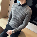 Threebooy Fake-2Pieces Top Quality Korean Autumn Winter Jacquard Sweater Men Clothing Simple Slim Fit Casual Knitted Pullovers Pull Homme