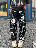 Threebooy Skull Printed Man Woman Black Jeans Trousers for Men Trends Clothes Pants Men's Punk Trendyol Streetwear Hip Hop Casual Straight