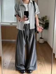 Threebooy  Spring Summer Pleated Wide Curved Trousers Men A-line Tailored Casual Suit Pants Streetwear Work wear Cleanfit Business