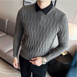 Threebooy Fake-2Pieces Top Quality Korean Autumn Winter Jacquard Sweater Men Clothing Simple Slim Fit Casual Knitted Pullovers Pull Homme