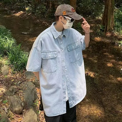 Threebooy Summer Shirts For Men Denim Washed Baggy Leisure Fashion Advanced Retro European Style Sporty Handsome Chic Tops Daily Simple