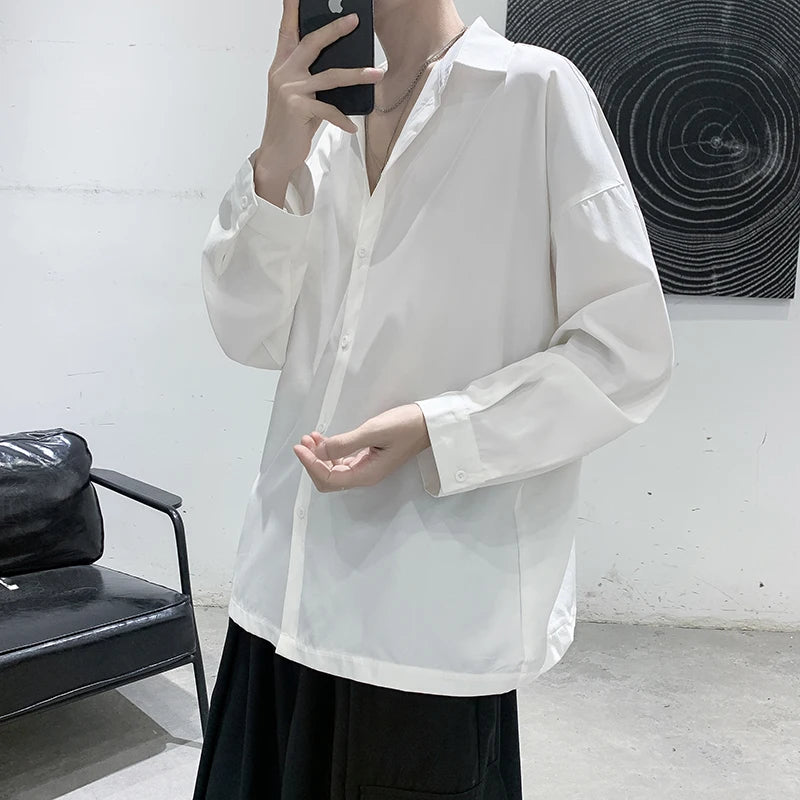 Threebooy Men Black Solid Long-sleeved Shirts Mens Harajuku Fashion Oversize Shirt Male Gray Casual Streetwear Loose Blouses Plus Size