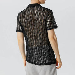 Threebooy  Summer Men's Clothing Knit Hollw Out Shirts Lapel Short Sleeve Mesh Sexy Button-down Solid Color Streetwear Party Knitwear S-3XL