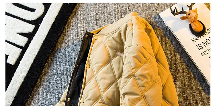 Threebooy Men's Parkas Rhombus Padded Cotton Winter Thickened Retro Casual Baseball Uniforms Warm Coat Stand Collar Single-breasted Coats