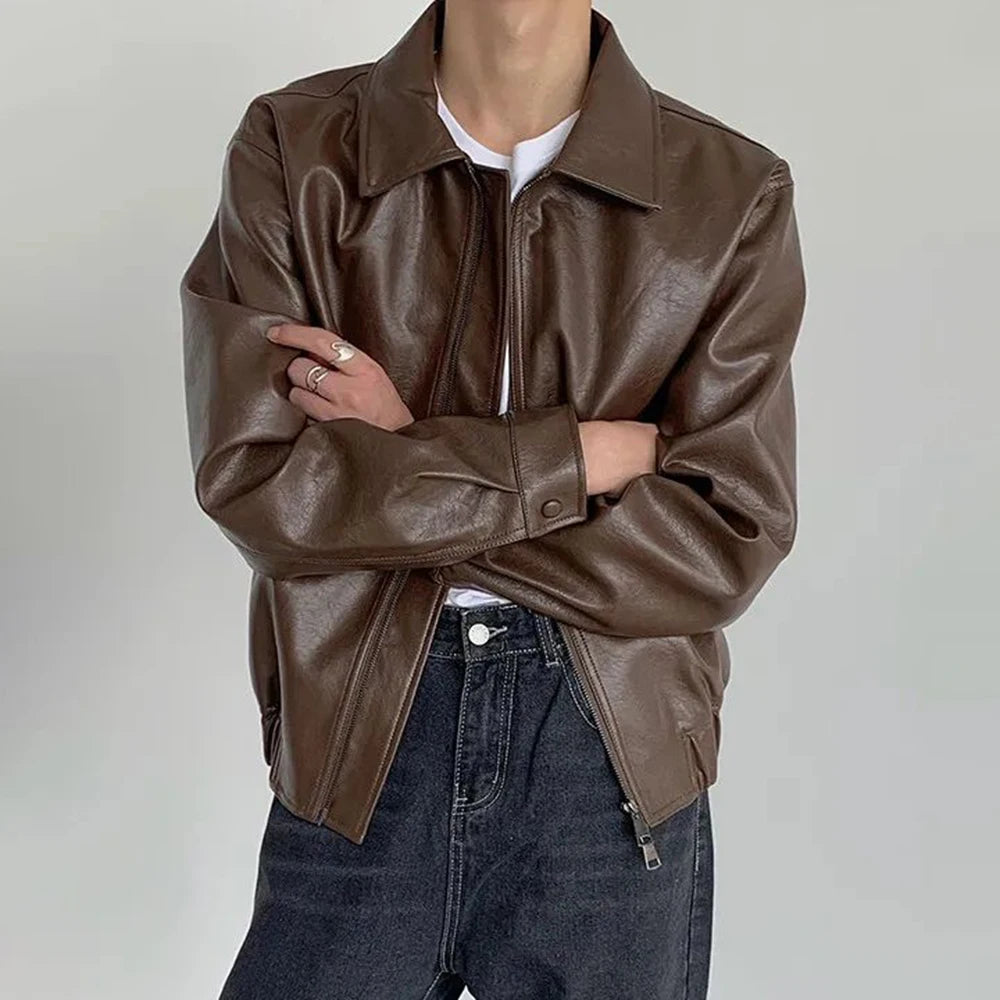 Threebooy  Mens Autumn Winter Retro PU Leather Casual Loose Short Leather Jacket Men'S Handsome And Elegant British Jacket Tops