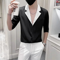 Threebooy  New Handsome Thin Fashion Casual High-end Sense Five-point Sleeve Shirt Trendy Versatile Personalized Men's Shirt
