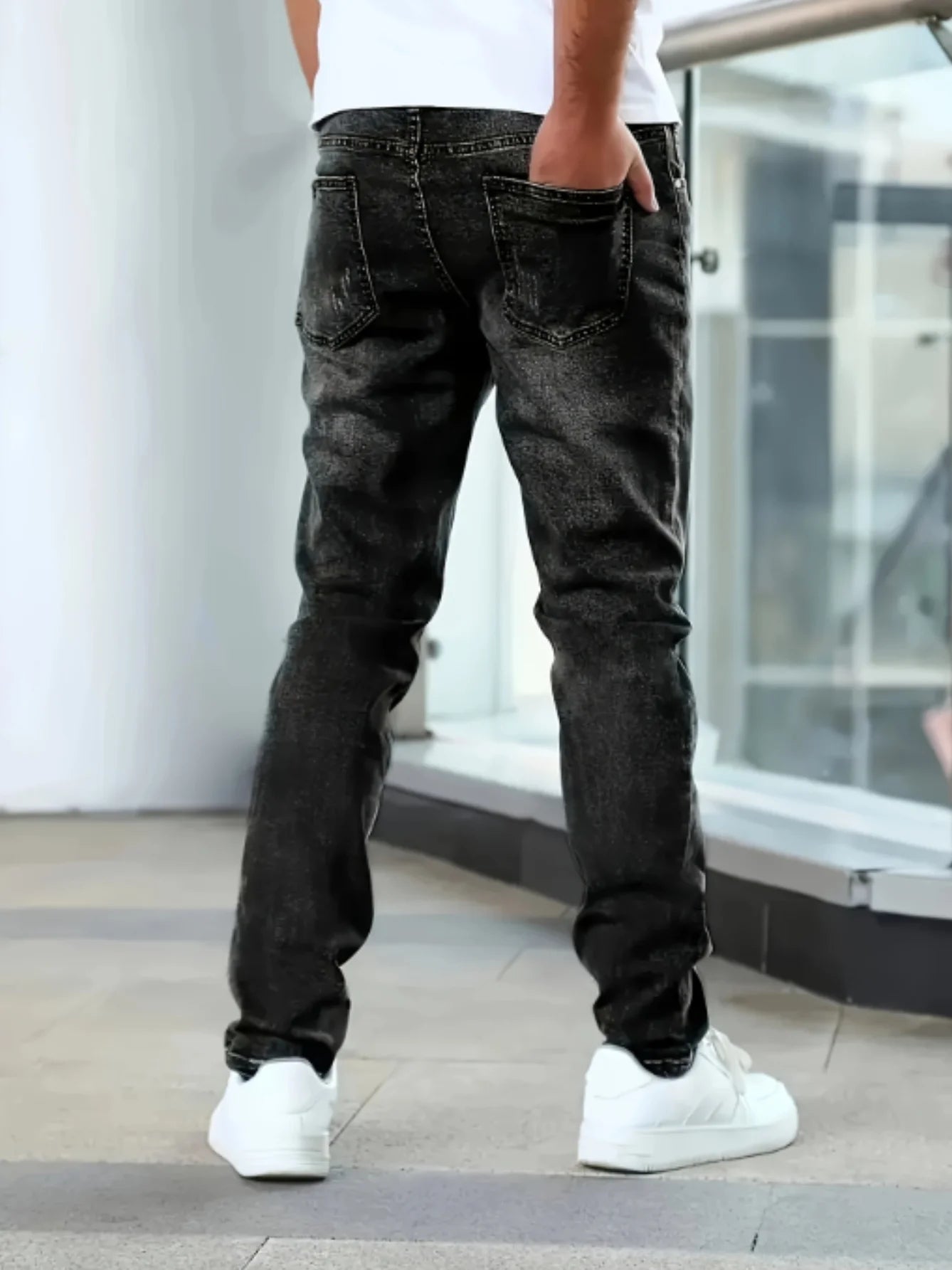 Threebooy  1pc Men'S Casual Slim Fit Stretch Jeans, Chic Street Style Distressed Denim Pants