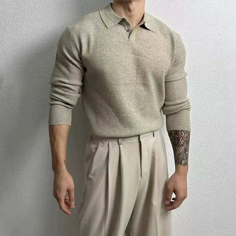 Threebooy  New Korean Fashion Men Polo Sweater Light Luxury Knitted Solid Color Long Sleeve Pullover Premium Quality Skin-friendly Knitwear