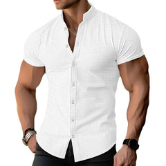 Threebooy  Summer Men's Casual Shirts Short Sleeve Fashion Solid Stand Collar Single Breasted Man Cotton Linen Thin Breathable Beach Shirt