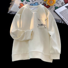 Threebooy Multicolour Solid Colour Pocket Embroidery Printed Sweatshirt College Style Round Neck Top Trendy Fashion Men's Clothing