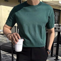 Threebooy New Men Fashion Tops Light Luxury Style Breathable O Neck Knitted T Shirt Casual Fitness Solid Color Short Sleeve Knitwear M-3XL