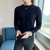 Threebooy Men's Autumn/Winter Thermal Knit Sweater/Male Slim Fit Plaid Fashion Round Collar Set Head Sweaters Jumper Casual Sweater
