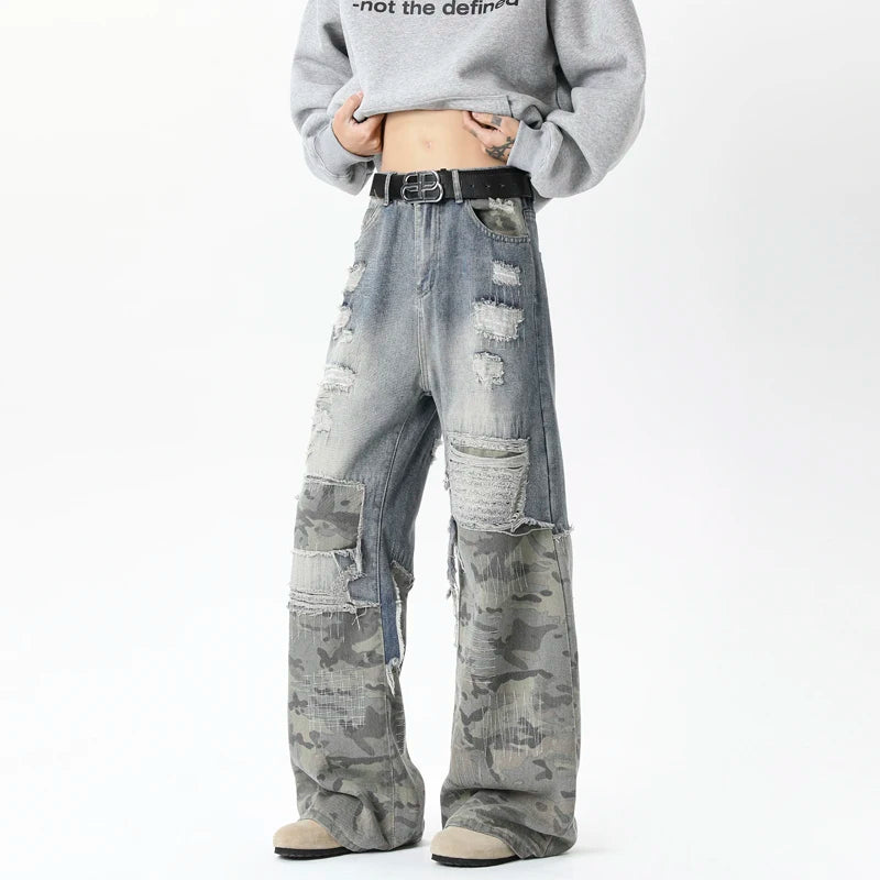 Threebooy Camouflage Wide jeans men Ripped Patchwork New Mainstream Hip Hop Skateboard Men Women Streetwear High Street Super Loose Jeans