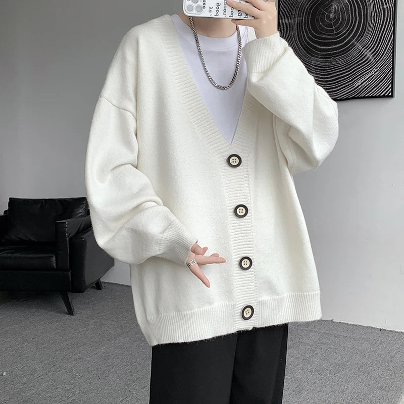 Threebooy Black White Cardigan Sweater Men Warm Fashion Casual Knitted Sweater Coat Men Loose Long-sleeved Sweater Mens Jumper Clothes