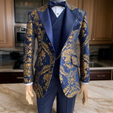 Threebooy Floral Suits for Men Slim Fit Jacquard Wedding Tuxedo Navy Blue and Gold Gentleman Jacket with Vest Pant 3 Pcs 2024