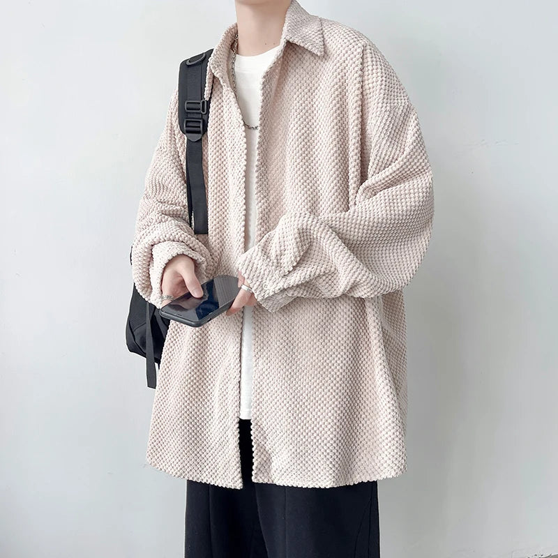 Threebooy Pineapple Velvet Men's Casual Long Sleeve Button Shirt Coat Outwear Autumn Turn Down Collar Oversize Shirts Red/Black/Dark Gray