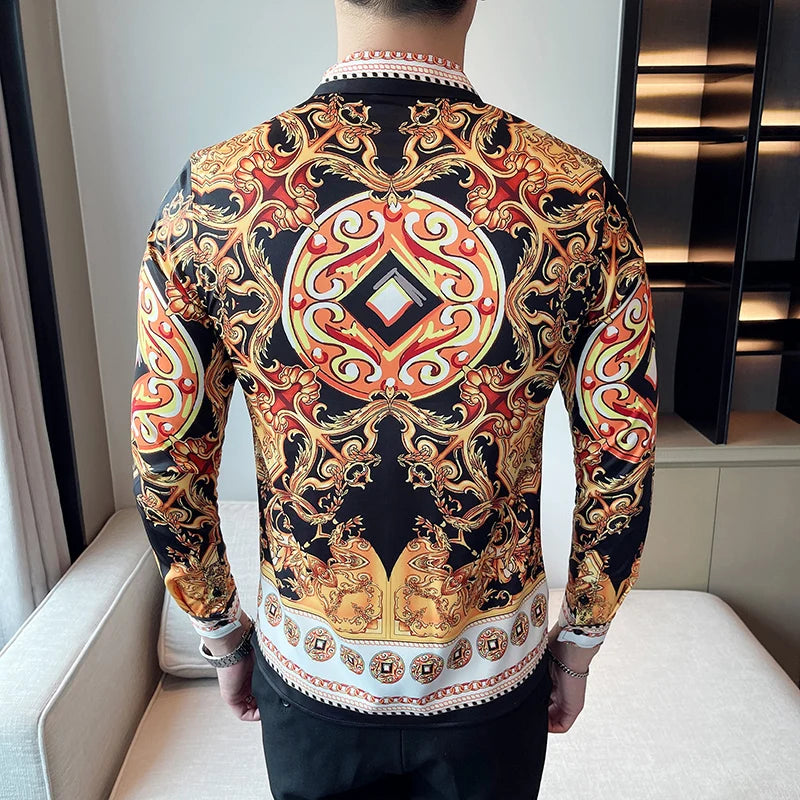 Threebooy Luxury Paisley Gold Printed Shirt Men's Royal Club Clothing Korean Men's Long Sleeve Slim Long Sleeve Shirt Tuxedo Shirt