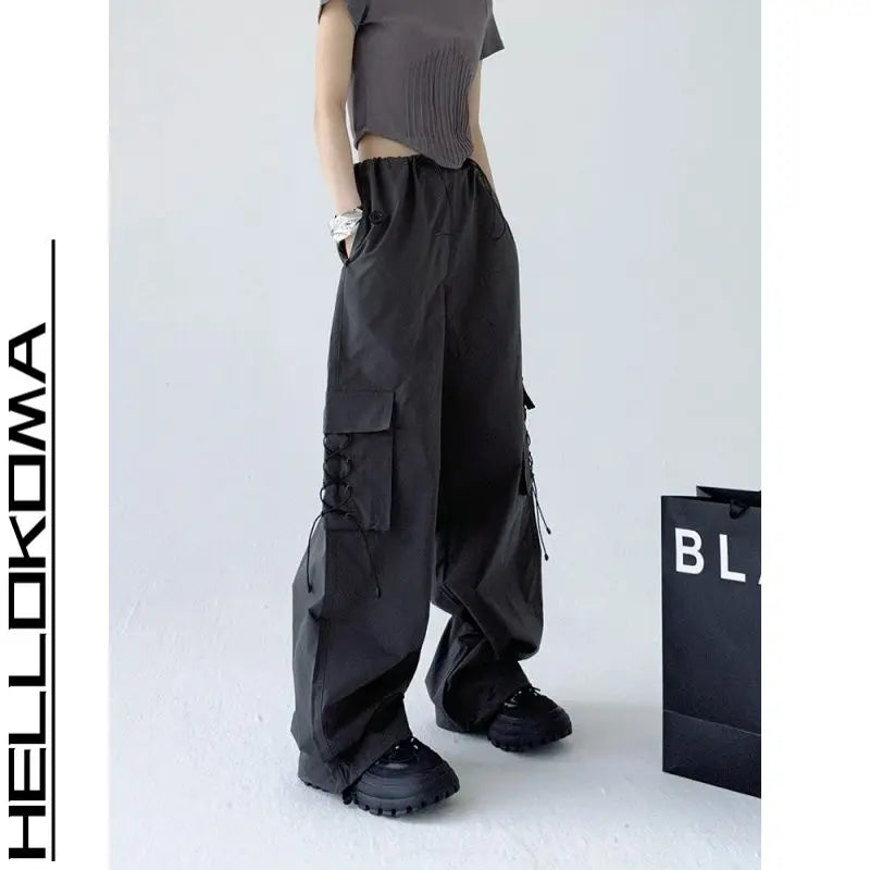 Threebooy  Workwear Pants Men's Japanese Retro Loose Wide-leg Straight Pants Design Sense Casual Drawstring Trousers Big Pockets