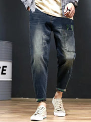 Threebooy  Tapered Work Pants Men Fashion Hip Hop Patchwork Streetwear Casual Pants Male Vintage Hole Little Feet Denim Pants