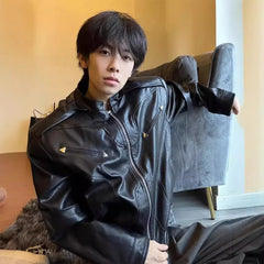 Threebooy  Short Leather Jacket Men's High-end and Handsome American Retro Motorcycle Spring and Autumn